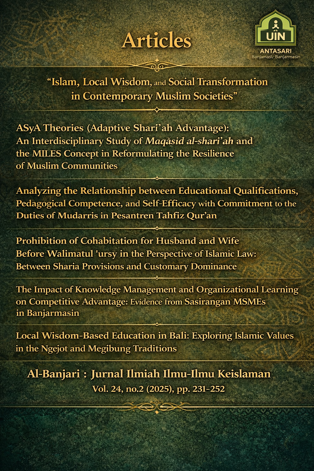					View Vol. 24 No. 2 (2025): Islam, Local Wisdom, and Social Transformation in Contemporary Muslim Societies
				